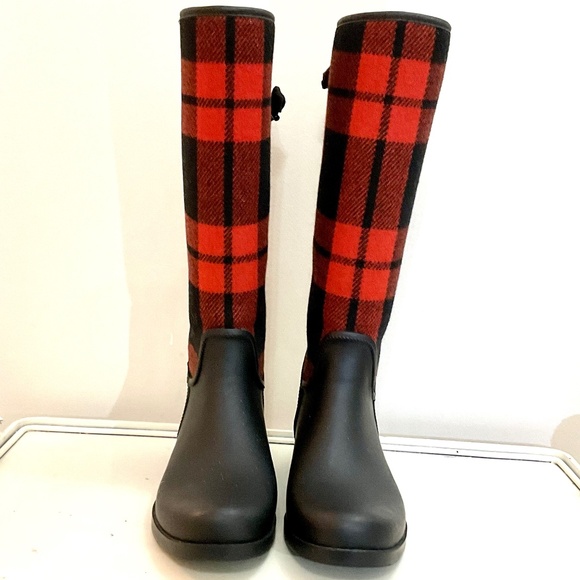 Coach Tristee Back Lace Up Fleece Lined Buffalo Plaid Rain Rubber Boots Size 10B - Picture 2 of 16